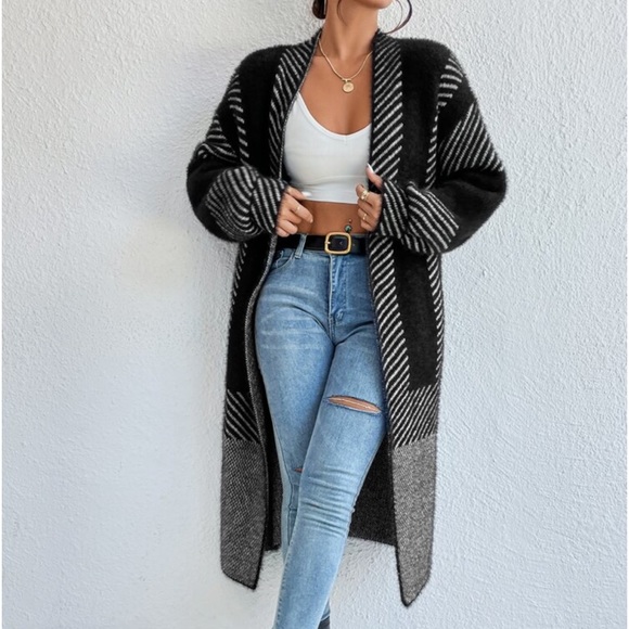 Oversized Color Block Stripes Fuzzy Open Front Duster Sweater Cardigan - Picture 9 of 15